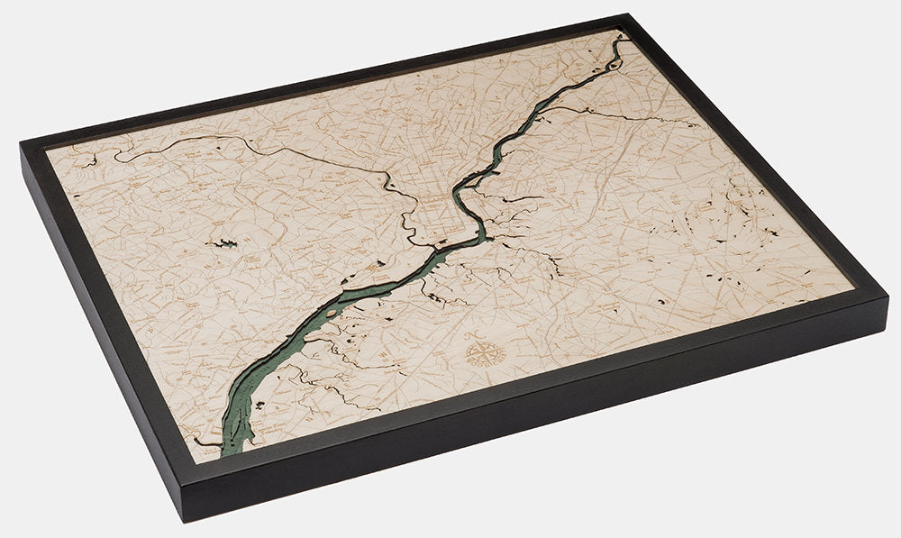 Philadelphia, Pennsylvania 3D layered wood map in laser-cut Baltic birch, shown framed against a light wall