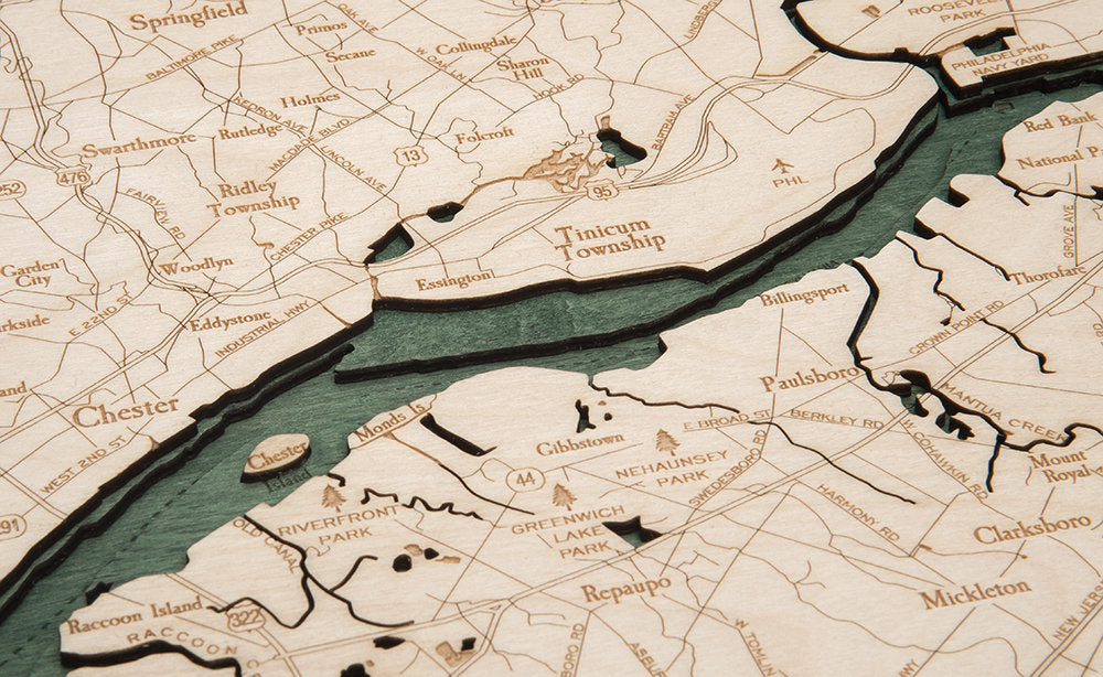 Philadelphia, Pennsylvania 3D layered wood map in laser-cut Baltic birch, shown framed against a light wall
