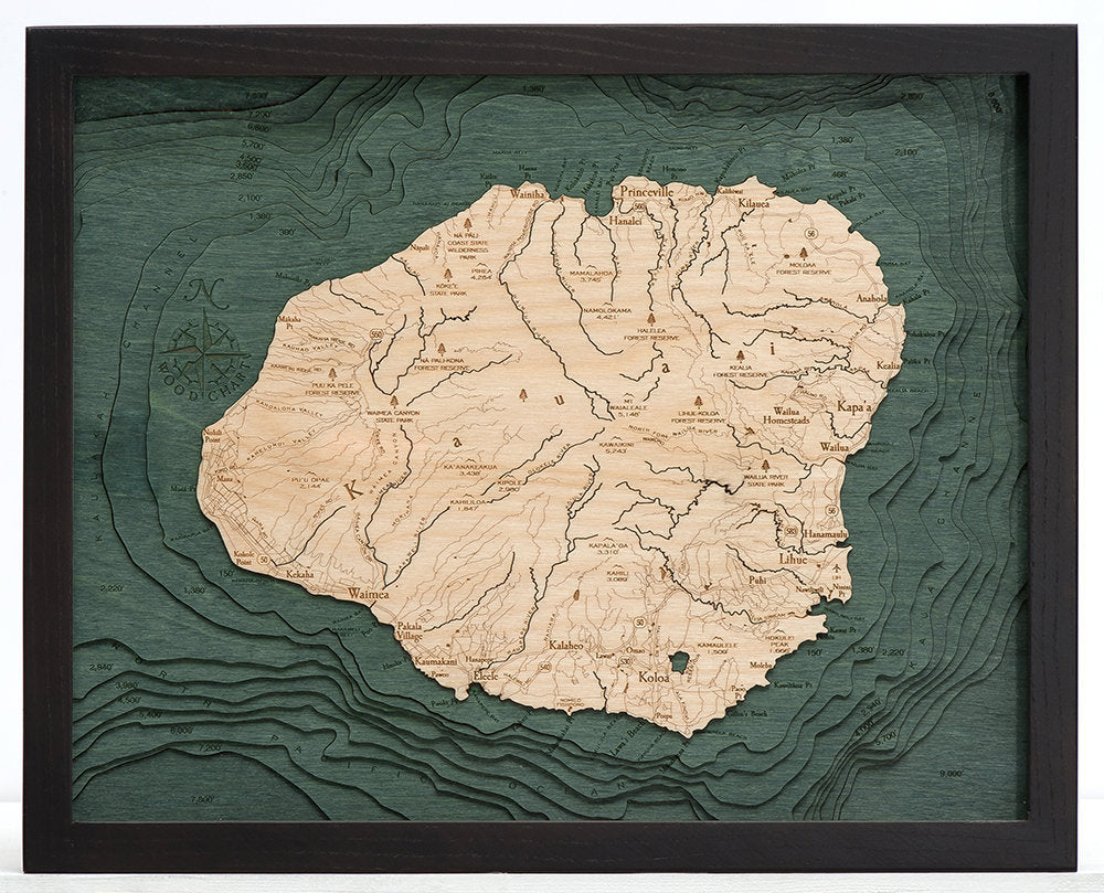 Kauai Wood Carved Topographic Depth Chart / Map - Nautical Lake Art