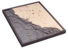 California Coast 3D layered wood map in laser-cut Baltic birch, shown framed against a light wall