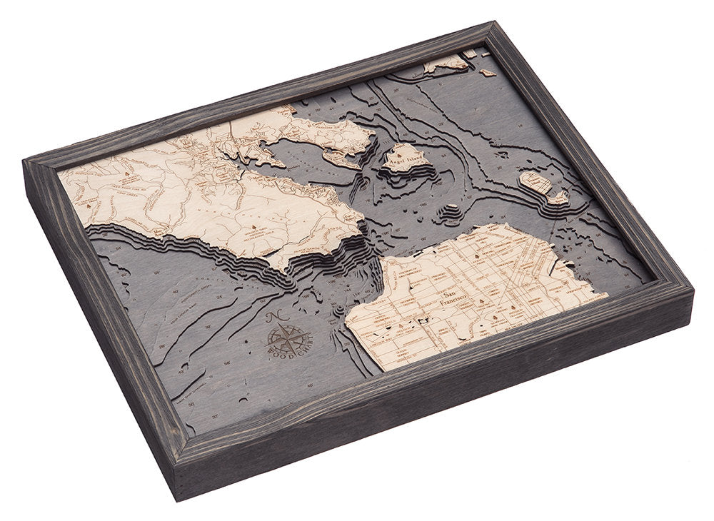 Golden Gate, California 3D layered wood map in laser-cut Baltic birch, shown framed against a light wall