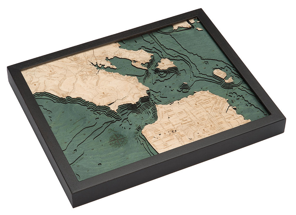 Golden Gate, California 3D layered wood map in laser-cut Baltic birch, shown framed against a light wall