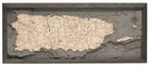 Puerto Rico 3D layered wood map in laser-cut Baltic birch, shown framed against a light wall