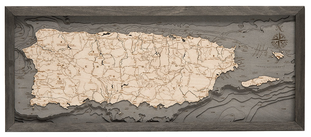 Puerto Rico Wood Carved Topographic Depth Chart / Map - Nautical Lake Art