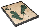 Burt & Mullet Lakes, Michigan 3D layered wood map in laser-cut Baltic birch, shown framed against a light wall