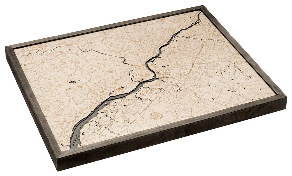 Philadelphia, Pennsylvania 3D layered wood map in laser-cut Baltic birch, shown framed against a light wall