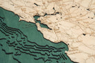 California Coast 3D layered wood map in laser-cut Baltic birch, shown framed against a light wall