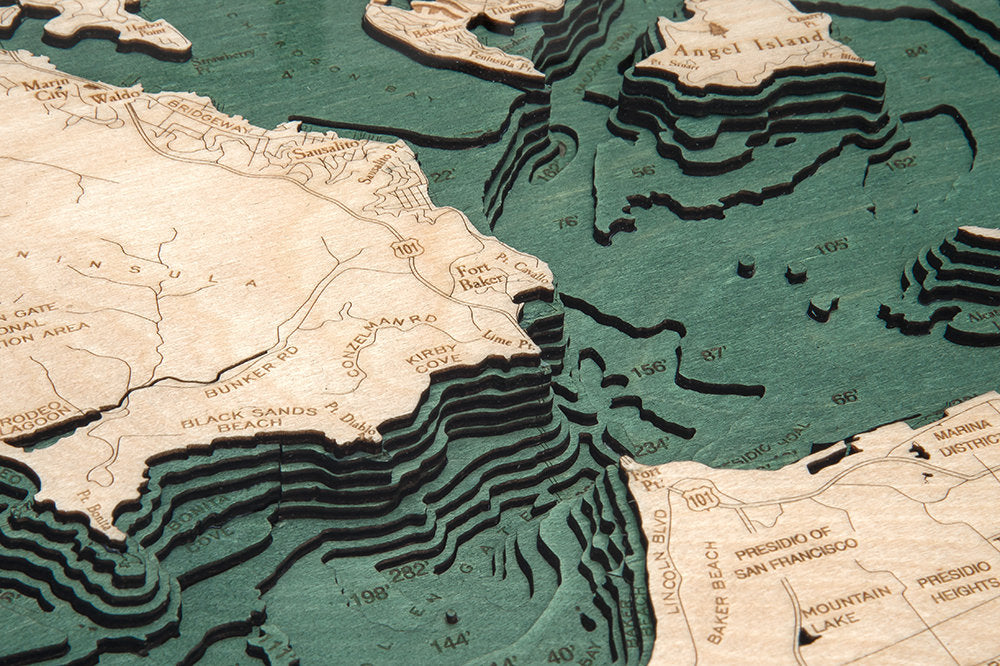Golden Gate, California 3D layered wood map in laser-cut Baltic birch, shown framed against a light wall