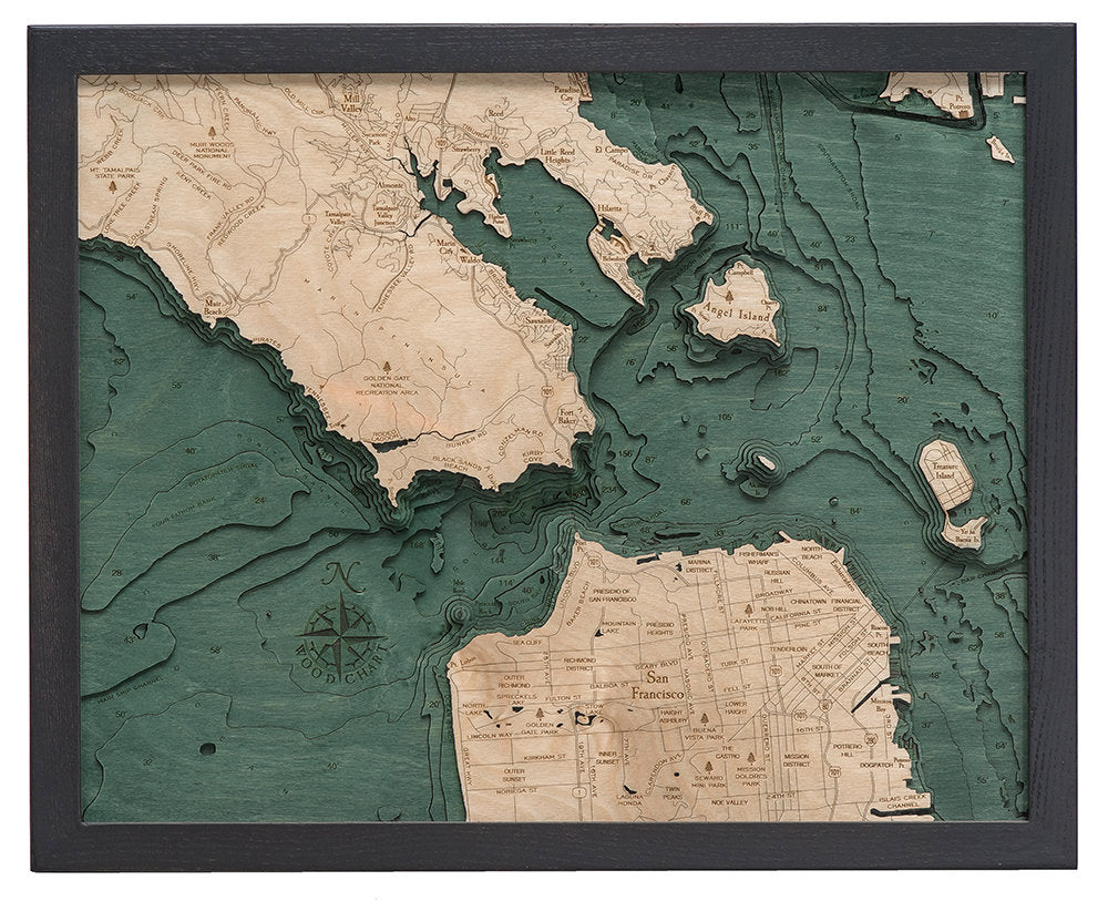Golden Gate, California 3D layered wood map in laser-cut Baltic birch, shown framed against a light wall