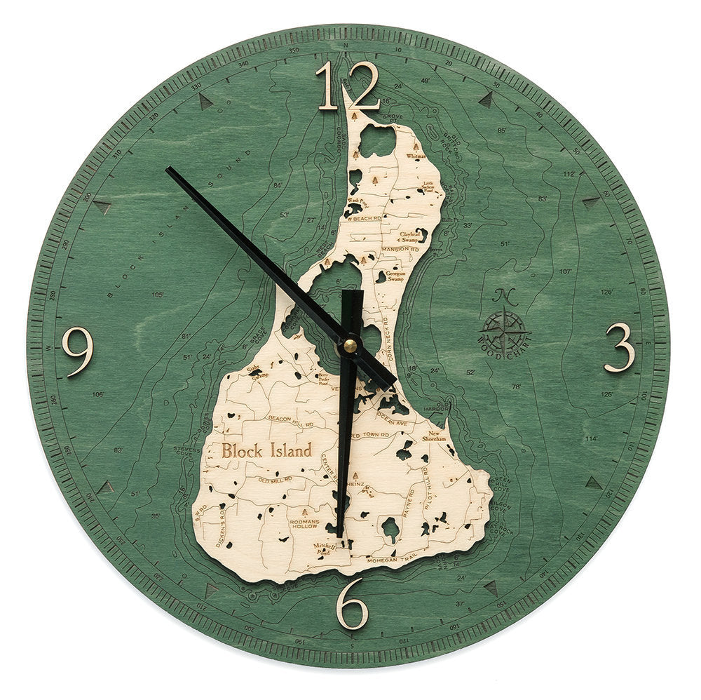 Block Island, Rhode Island wood wall clock in laser-cut Baltic birch, shown framed against a light wall