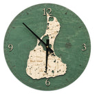 Block Island, Rhode Island wood wall clock in laser-cut Baltic birch, shown framed against a light wall
