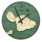 Maui, Hawaii wood wall clock in laser-cut Baltic birch, shown framed against a light wall