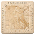 Whidbey & Camano Islands, Washington wood cribbage board in laser-cut Baltic birch, shown framed against a light wall