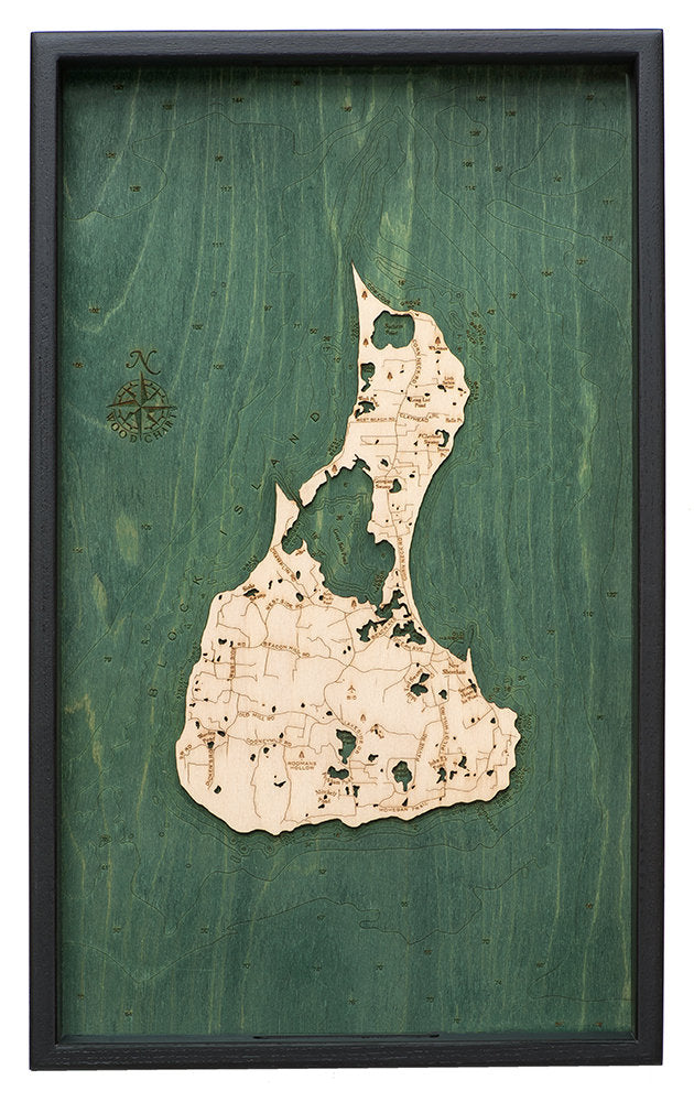 Block Island, Rhode Island wood serving tray in laser-cut Baltic birch, shown framed against a light wall