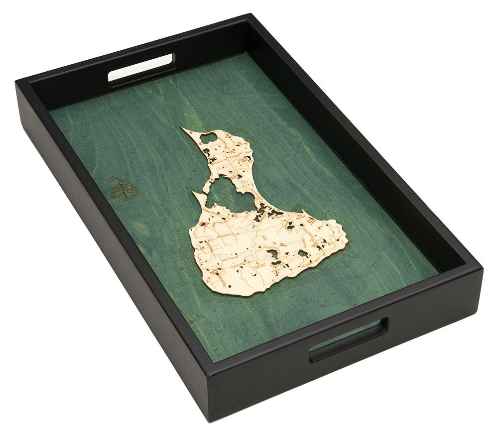 Block Island, Rhode Island wood serving tray in laser-cut Baltic birch, shown framed against a light wall
