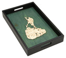 Block Island, Rhode Island wood serving tray in laser-cut Baltic birch, shown framed against a light wall