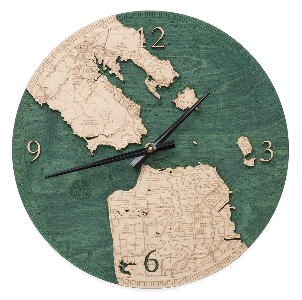 Golden Gate, California wood wall clock in laser-cut Baltic birch, shown framed against a light wall