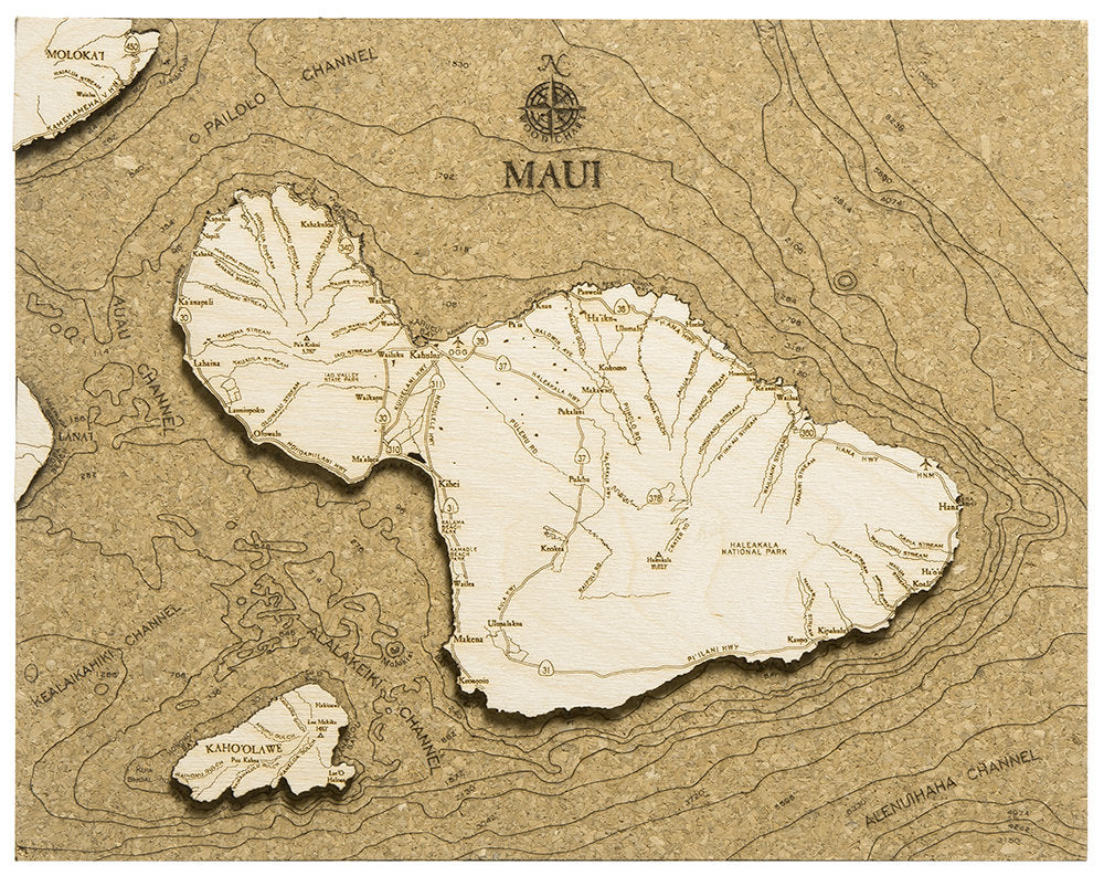 Maui, Hawaii framed cork map in laser-cut Baltic birch, shown framed against a light wall