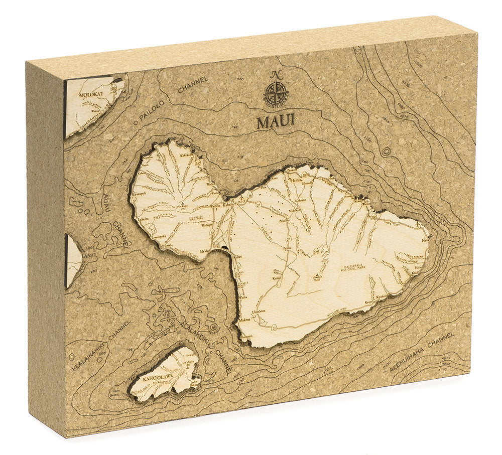 Maui, Hawaii framed cork map in laser-cut Baltic birch, shown framed against a light wall