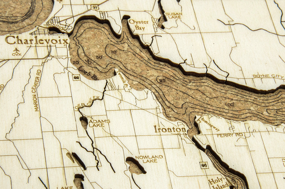 Lake Charlevoix, Michigan framed cork map in laser-cut Baltic birch, shown framed against a light wall