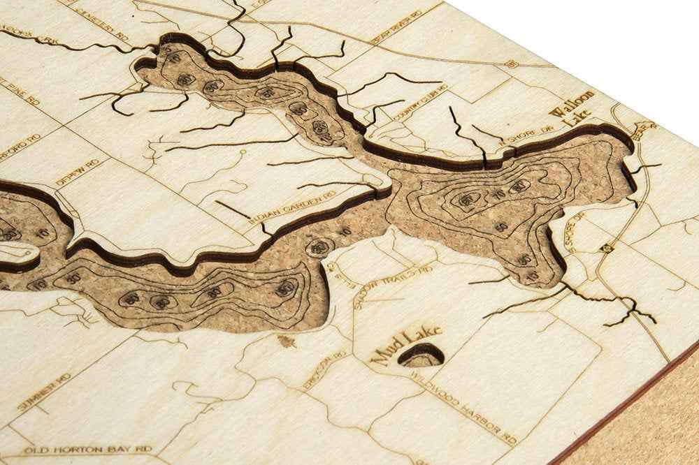 Walloon Lake, Michigan framed cork map in laser-cut Baltic birch, shown framed against a light wall