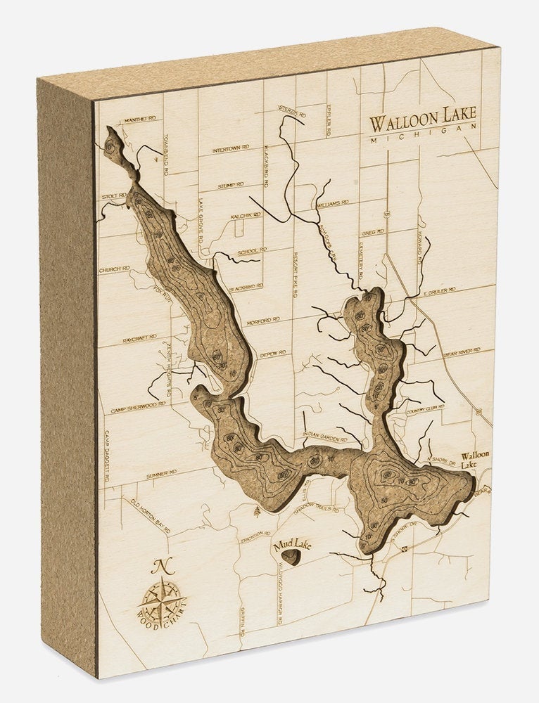 Walloon Lake, Michigan framed cork map in laser-cut Baltic birch, shown framed against a light wall