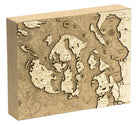 San Juan Islands, Washington framed cork map in laser-cut Baltic birch, shown framed against a light wall