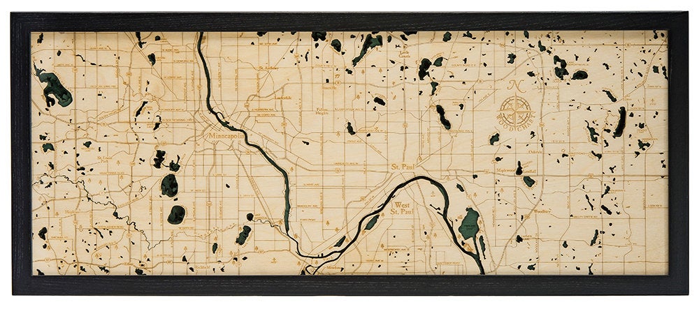 Minneapolis & St. Paul, Minnesota 3D layered wood map in laser-cut Baltic birch, shown framed against a light wall