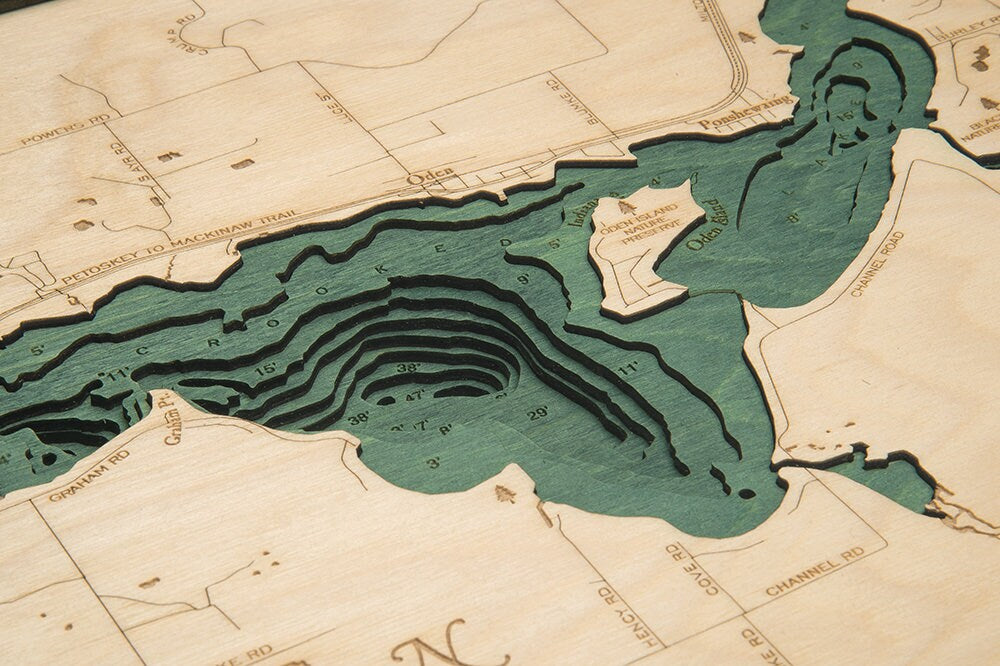 Crooked Lake Wood Carved Topographic Depth Chart / Map