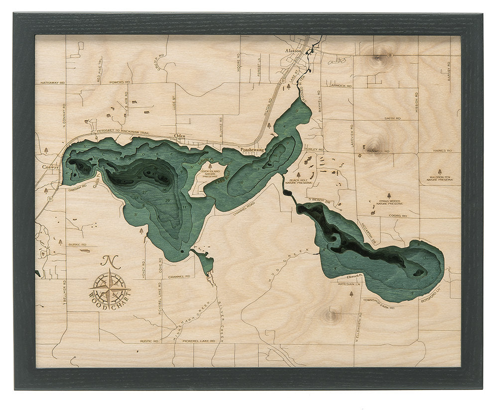 Crooked Lake Wood Carved Topographic Depth Chart / Map