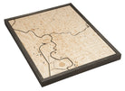 Sacramento, California 3D layered wood map in laser-cut Baltic birch, shown framed against a light wall