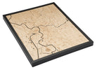 Sacramento, California 3D layered wood map in laser-cut Baltic birch, shown framed against a light wall