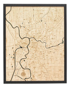 Sacramento, California 3D layered wood map in laser-cut Baltic birch, shown framed against a light wall