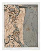 Amelia Island, Florida 3D layered wood map in laser-cut Baltic birch, shown framed against a light wall