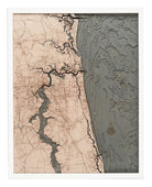 Jacksonville, Florida 3D layered wood map in laser-cut Baltic birch, shown framed against a light wall