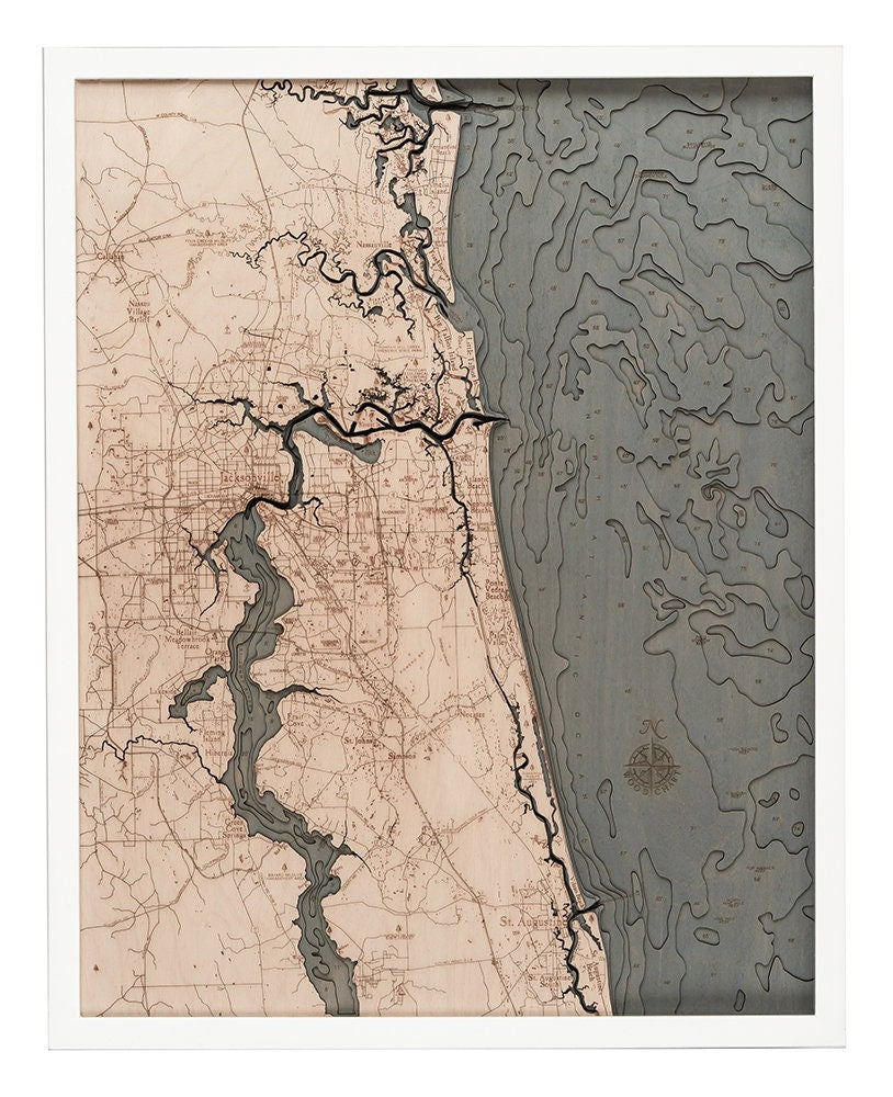 Jacksonville, Florida 3D layered wood map in laser-cut Baltic birch, shown framed against a light wall