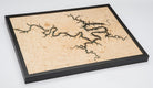 Lake of the Ozarks, Missouri 3D layered wood map in laser-cut Baltic birch, shown framed against a light wall