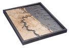 Jacksonville, Florida 3D layered wood map in laser-cut Baltic birch, shown framed against a light wall