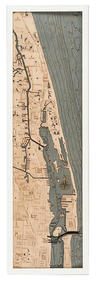 Juno Beach, Florida 3D layered wood map in laser-cut Baltic birch, shown framed against a light wall