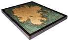 Antigua, Caribbean 3D layered wood map in laser-cut Baltic birch, shown framed against a light wall