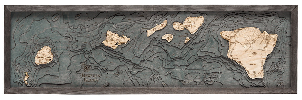 Hawaiian Islands Wood Carved Topographic Depth Chart / Map