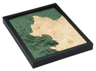 Carmel & Monterey, California 3D layered wood map in laser-cut Baltic birch, shown framed against a light wall