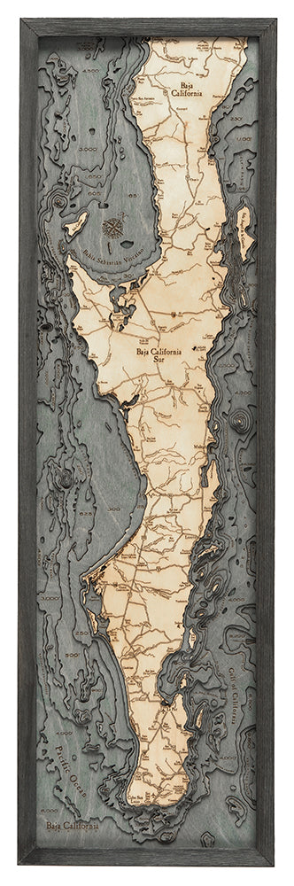 Baja California, Mexico 3D layered wood map in laser-cut Baltic birch, shown framed against a light wall