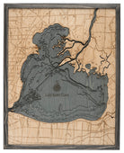 Lake St. Clair, Michigan 3D layered wood map in laser-cut Baltic birch, shown framed against a light wall