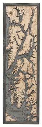 Inside Passage, Alaska 3D layered wood map in laser-cut Baltic birch, shown framed against a light wall