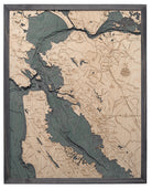 San Francisco, California 3D layered wood map in laser-cut Baltic birch, shown framed against a light wall