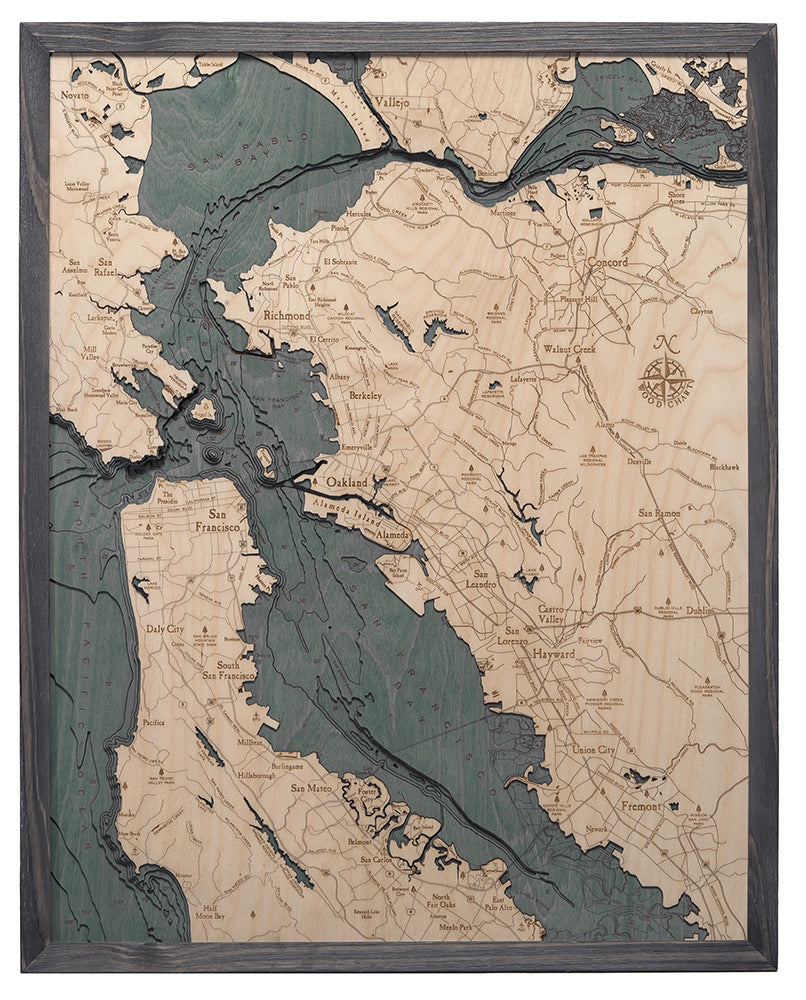 San Francisco, California 3D layered wood map in laser-cut Baltic birch, shown framed against a light wall