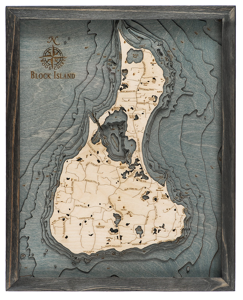 Block Island, Rhode Island 3D layered wood map in laser-cut Baltic birch, shown framed against a light wall