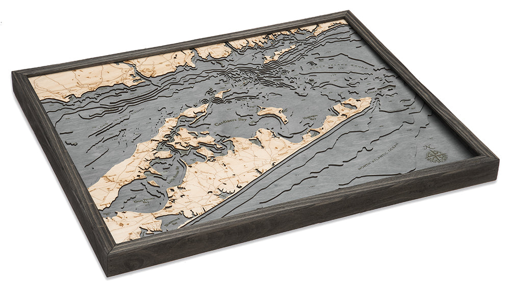 East Long Island Sound 3D layered wood map in laser-cut Baltic birch, shown framed against a light wall