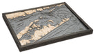 East Long Island Sound 3D layered wood map in laser-cut Baltic birch, shown framed against a light wall